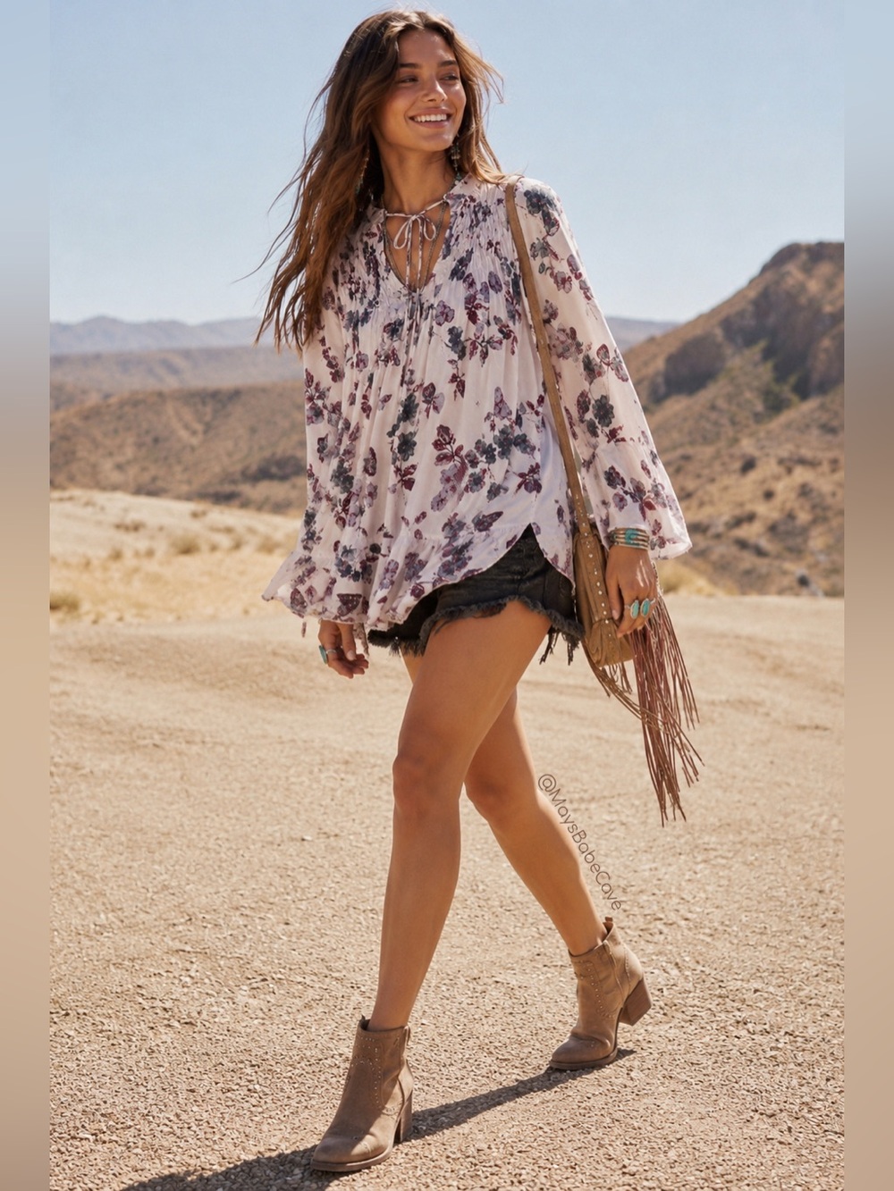 Free People Pale Purple Butterfly and Floral Print Tunic Blouse